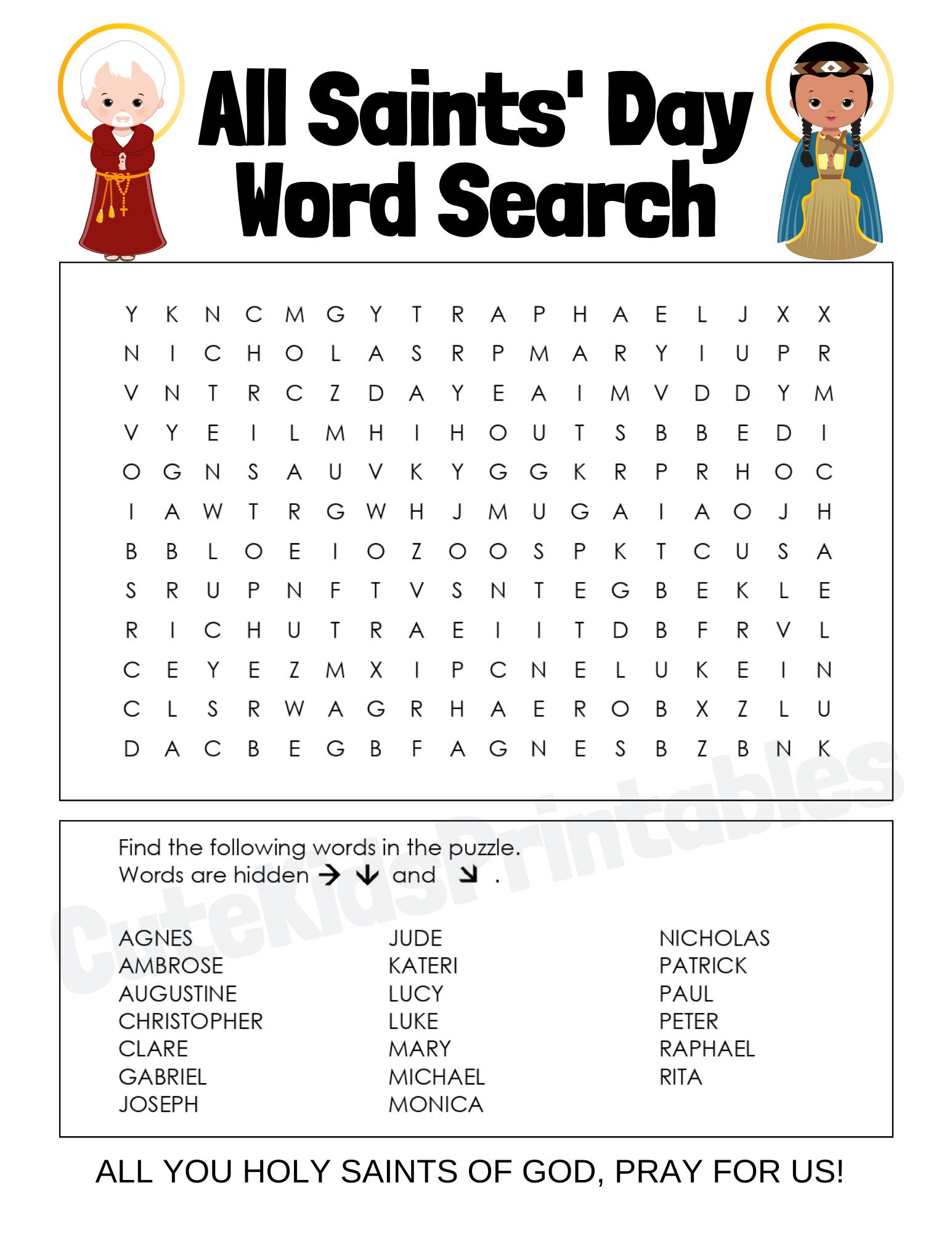 All Saints&amp;#039; Day Word Search Printable Pdf - Etsy regarding Free Printable All Saints Day Worksheets