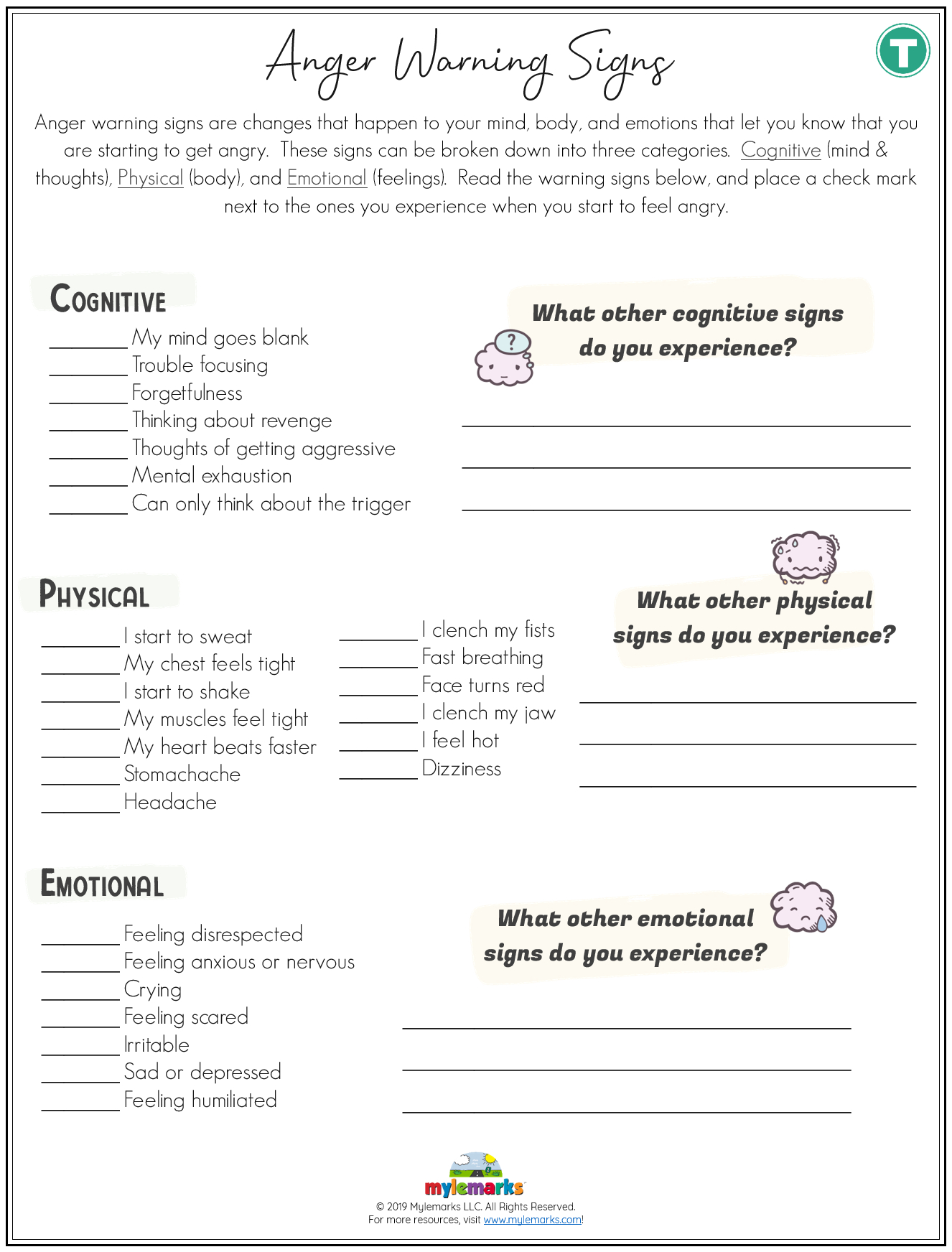Anger Warning Signs [Teen] [F] with regard to Free Printable Anger Management Worksheets For Youth