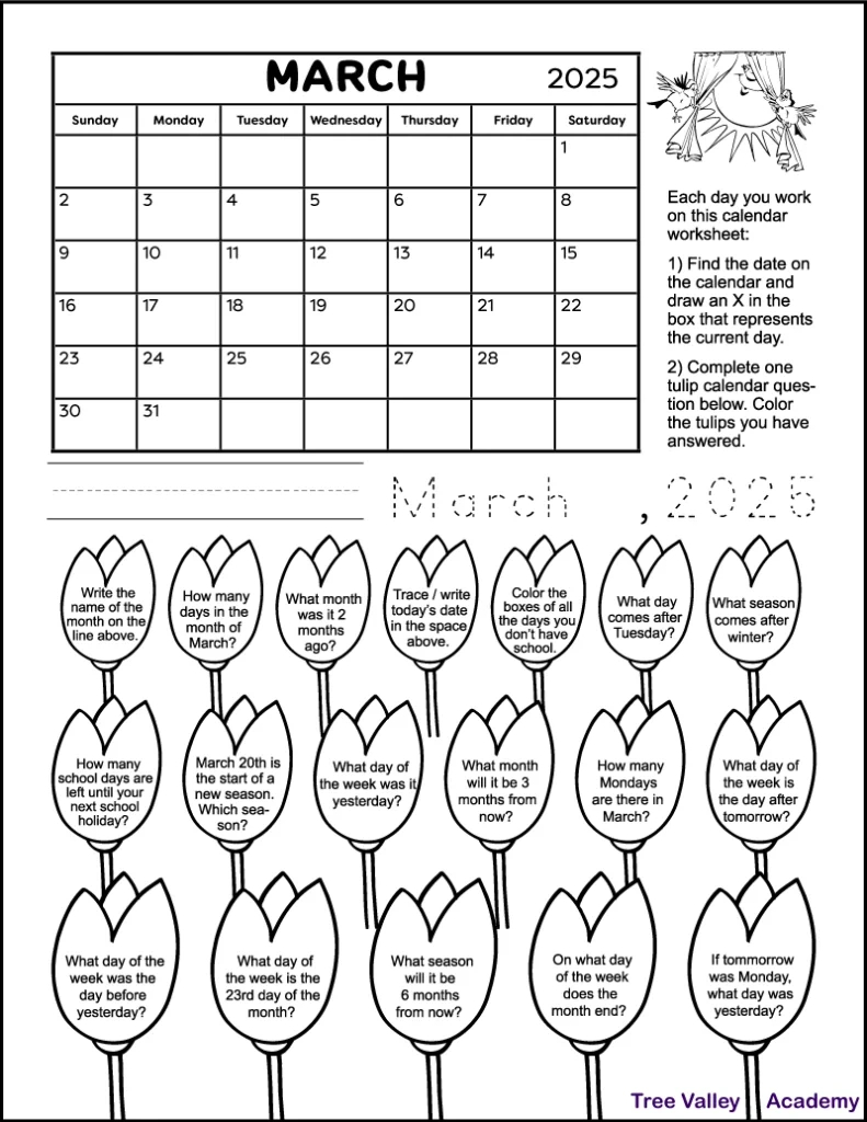 Calendar Worksheet For March 2025 - Tree Valley Academy intended for Free Printable March Worksheets