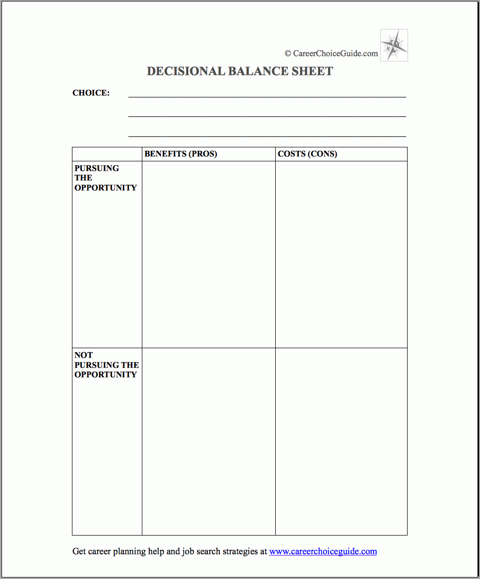 Career Decision Test intended for Free Printable Decisional Balance Worksheets