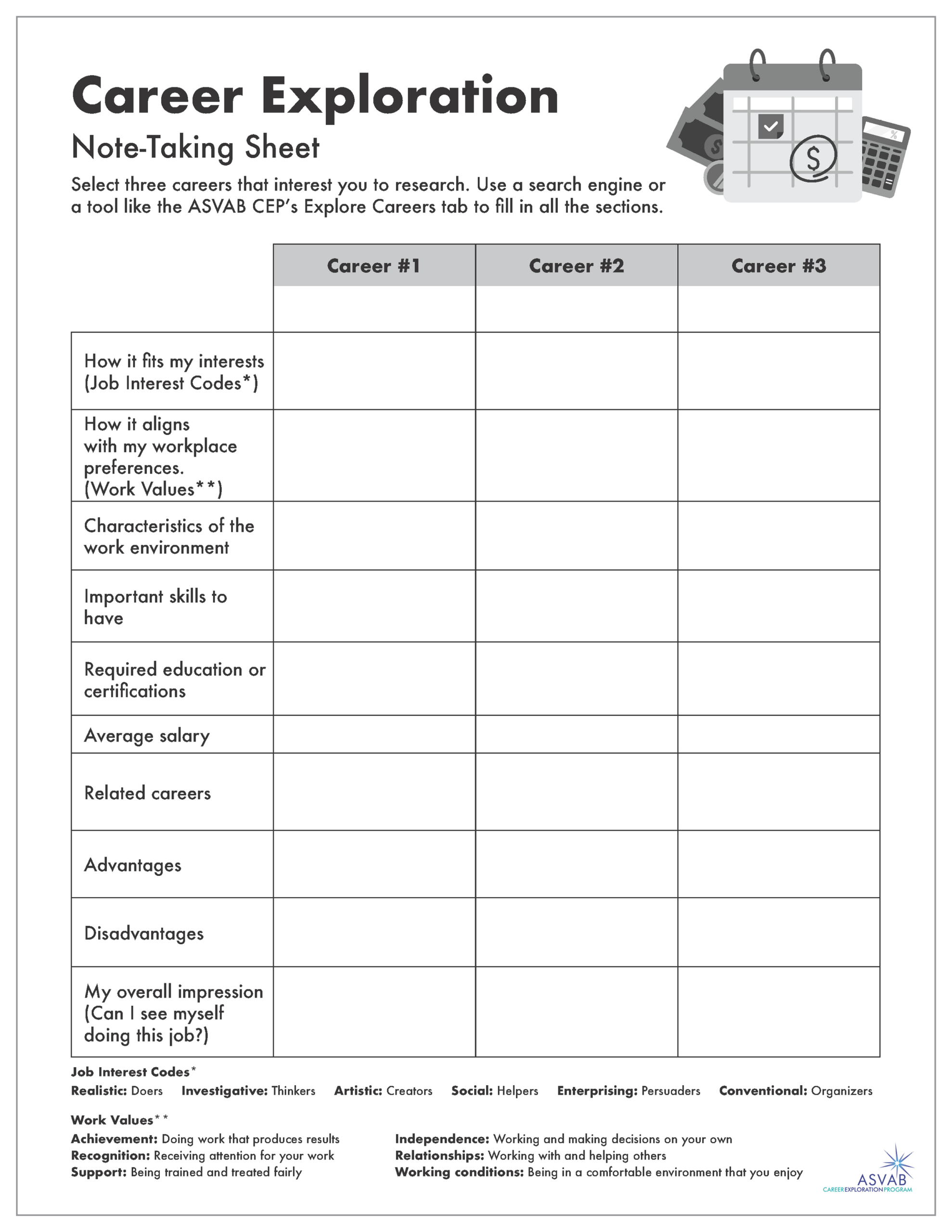Career Exploration Activities For Students | Asvab Cep in Free Printable Career Worksheets For Middle School