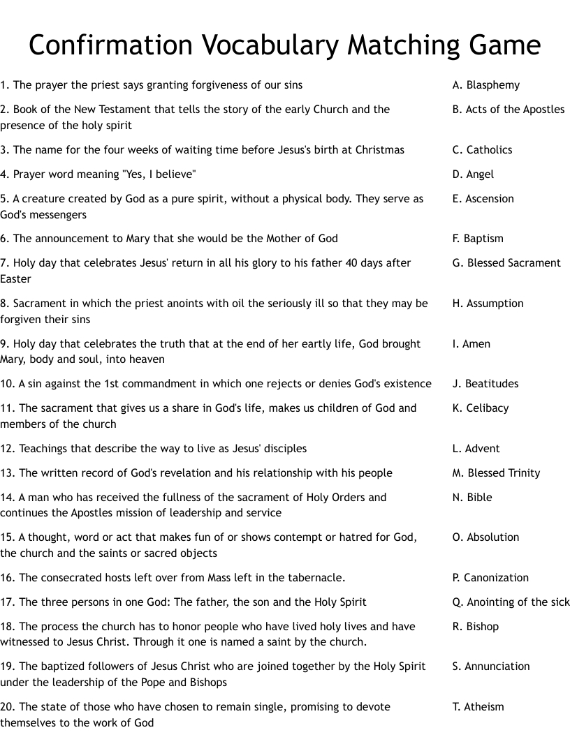 Confirmation Vocabulary Matching Game Worksheet - Wordmint inside Free Printable Confirmation Worksheets