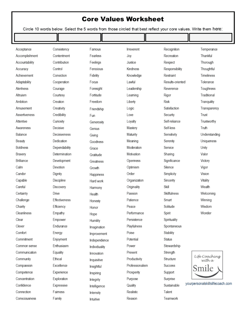 Core Values Worksheet (Including 221 Wonderful Core Value Words regarding Free Printable Core Values Worksheets