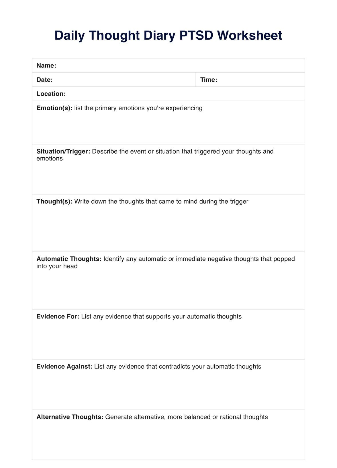 Daily Thought Diary Ptsd Worksheets intended for Free Printable Ptsd Worksheets