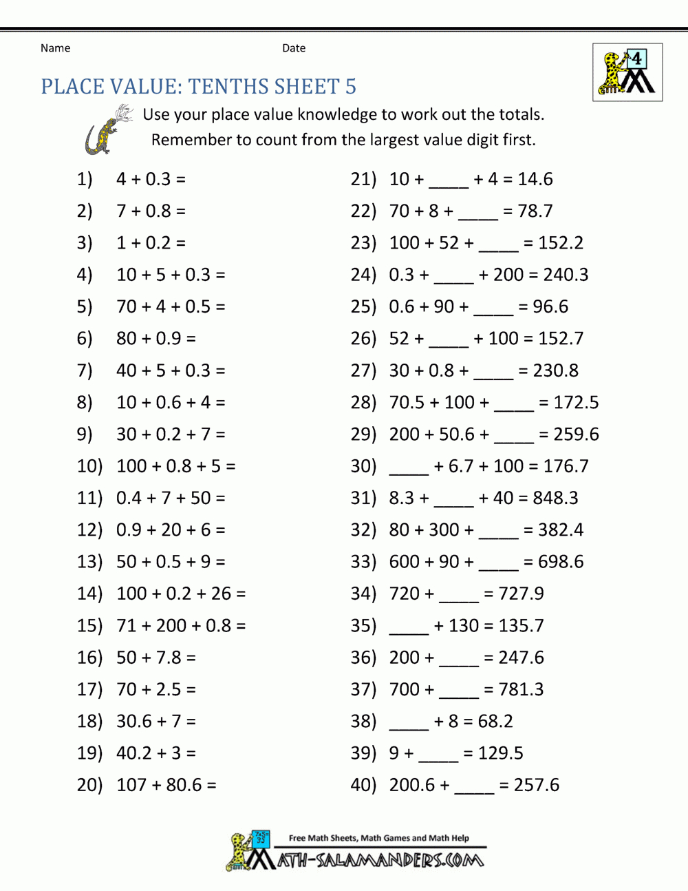 Decimal Place Value Worksheets 4Th Grade with regard to Free Printable Decimal Worksheets