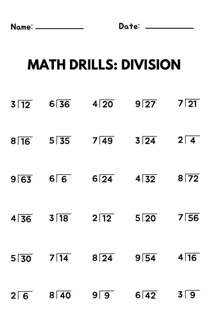 Division Drills in Free Printable Math Division Worksheets