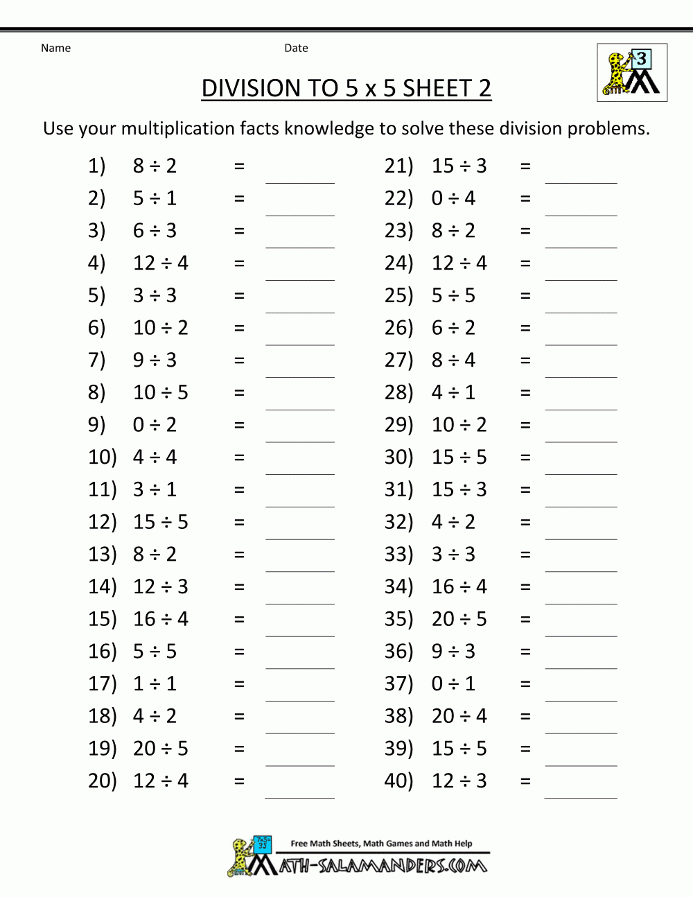 Division Facts Worksheets throughout Free Division Printable Worksheets