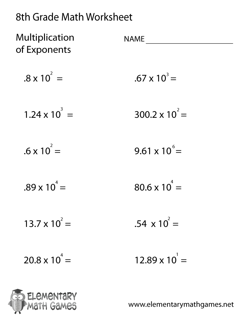 Eighth Grade Multiplication Of Exponents Worksheet within Free Printable 8th Grade Math Worksheets
