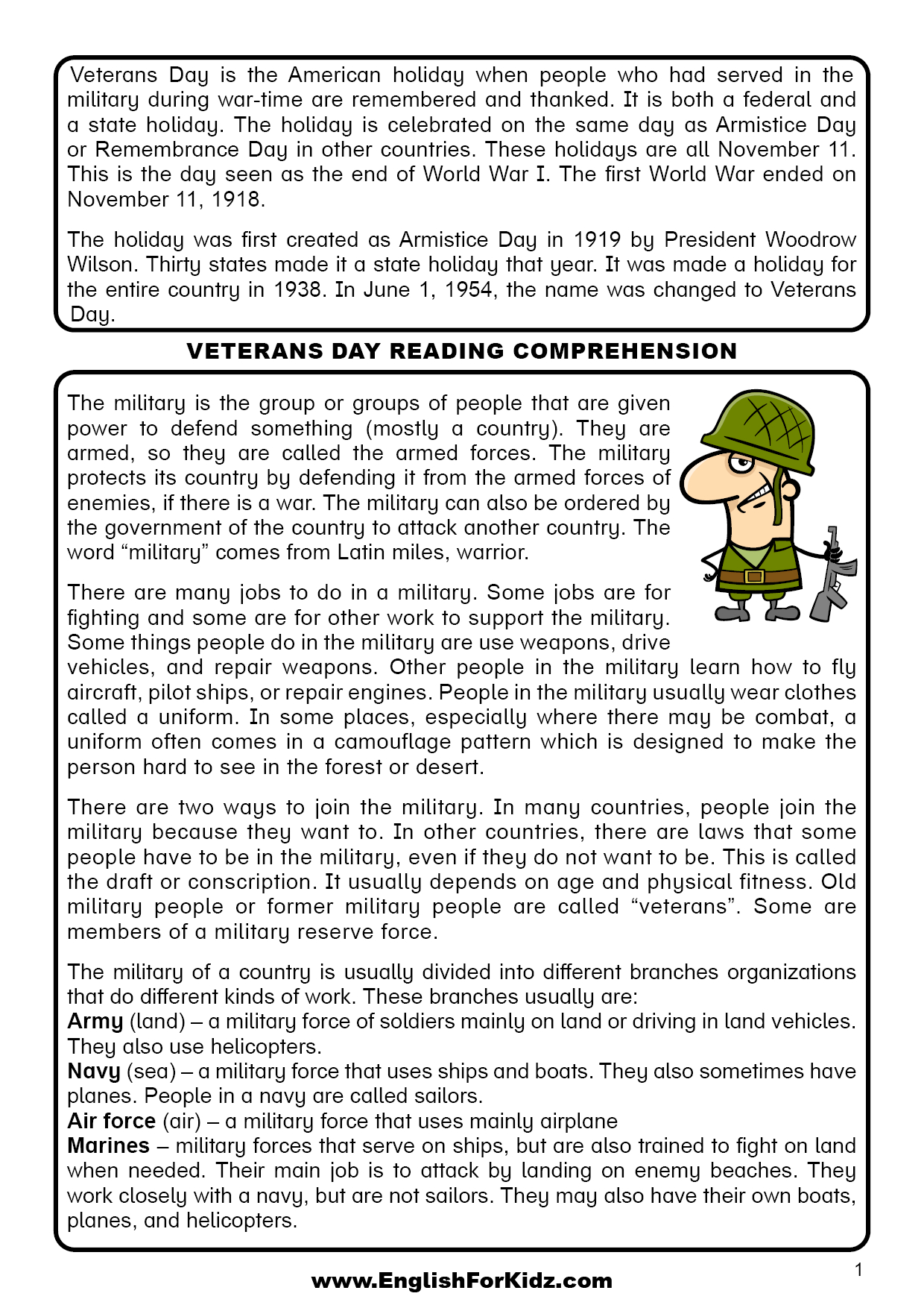 English For Kids Stepstep: Veterans Day Reading Comprehension within Free Printable Veterans Day Worksheets