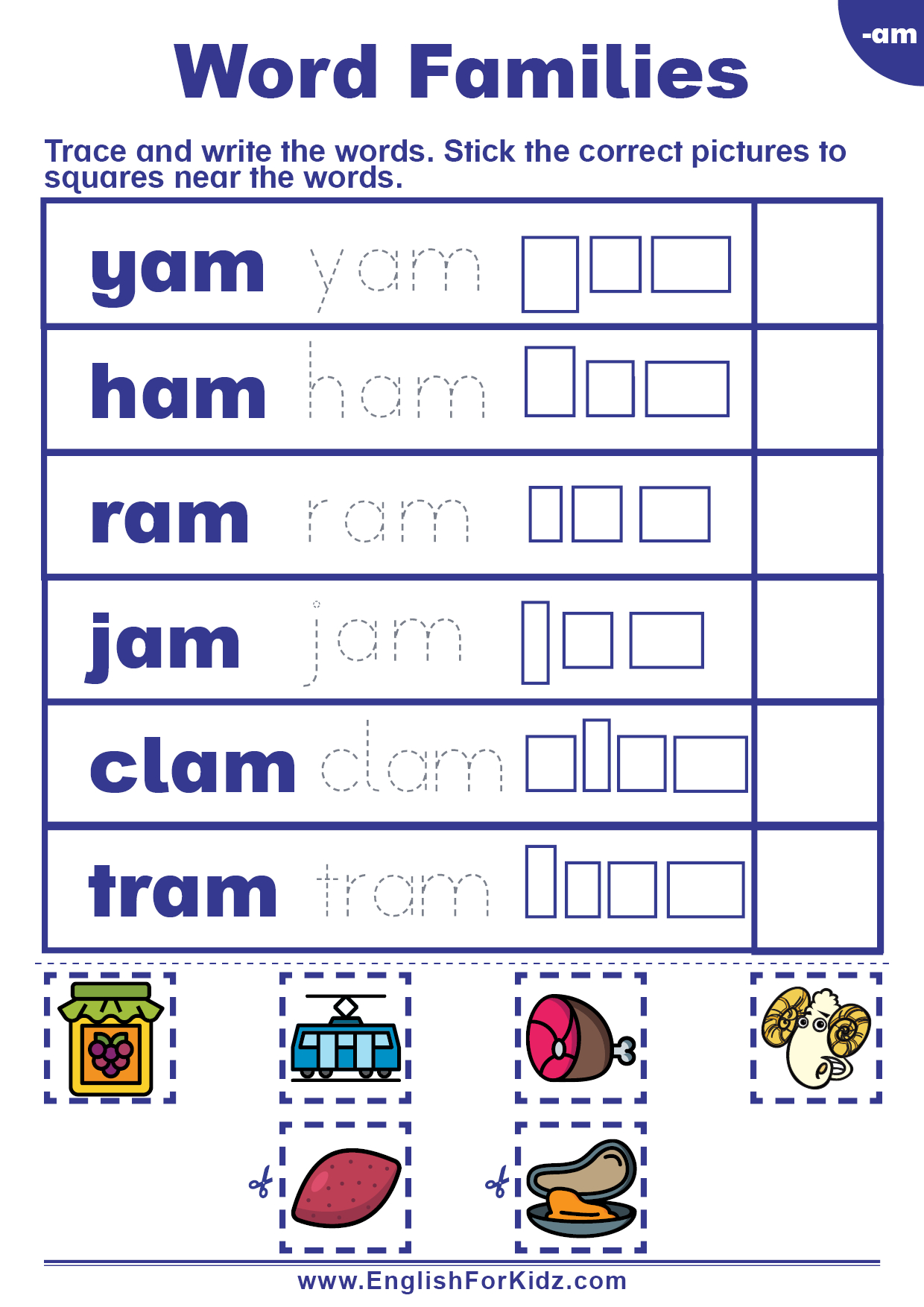 English For Kids Stepstep: Word Families Worksheets: Am Words intended for Free Printable Word Family Worksheets