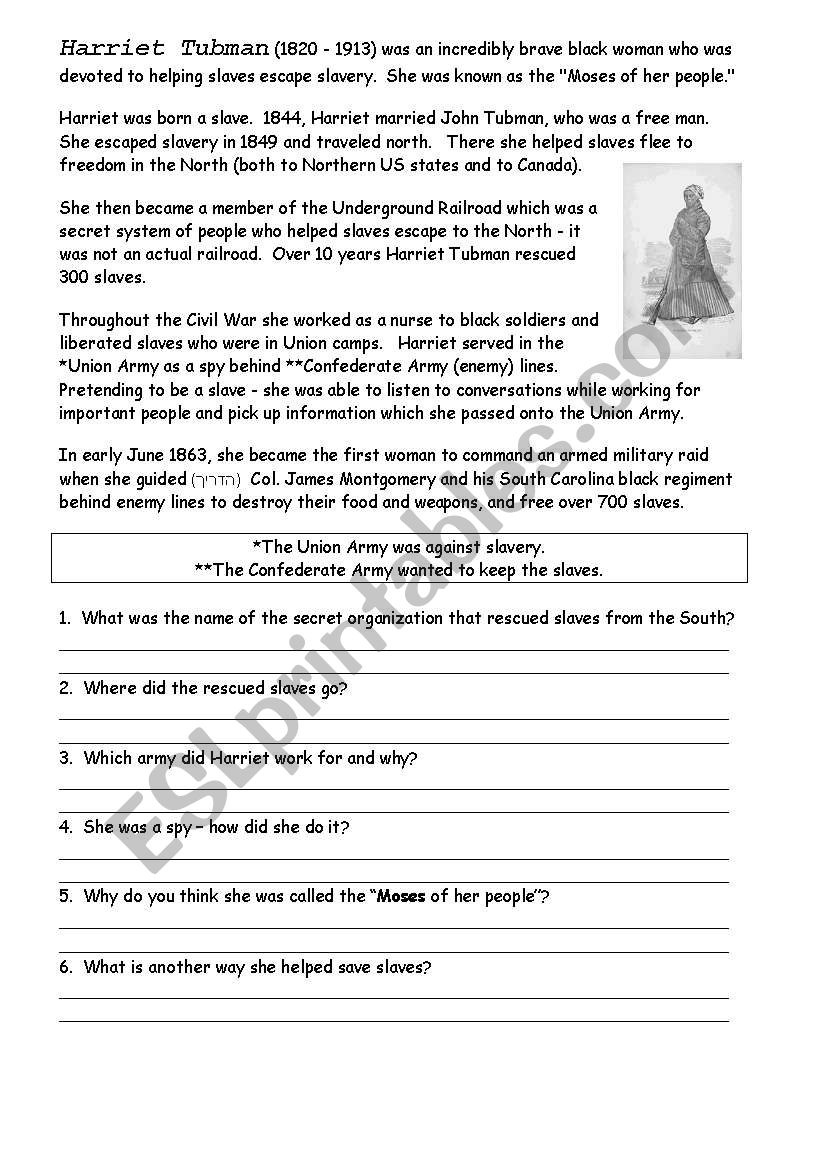 English Worksheets: Harriet Tubman - Worksheets Library regarding Free Printable Harriet Tubman Worksheets