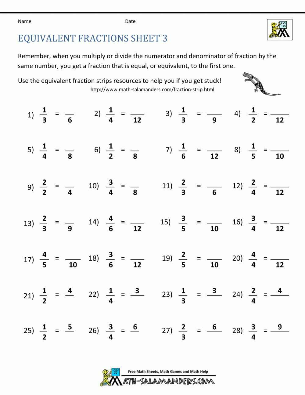 Equivalent Fractions Worksheet inside Free Printable Equivalent Fractions Worksheets