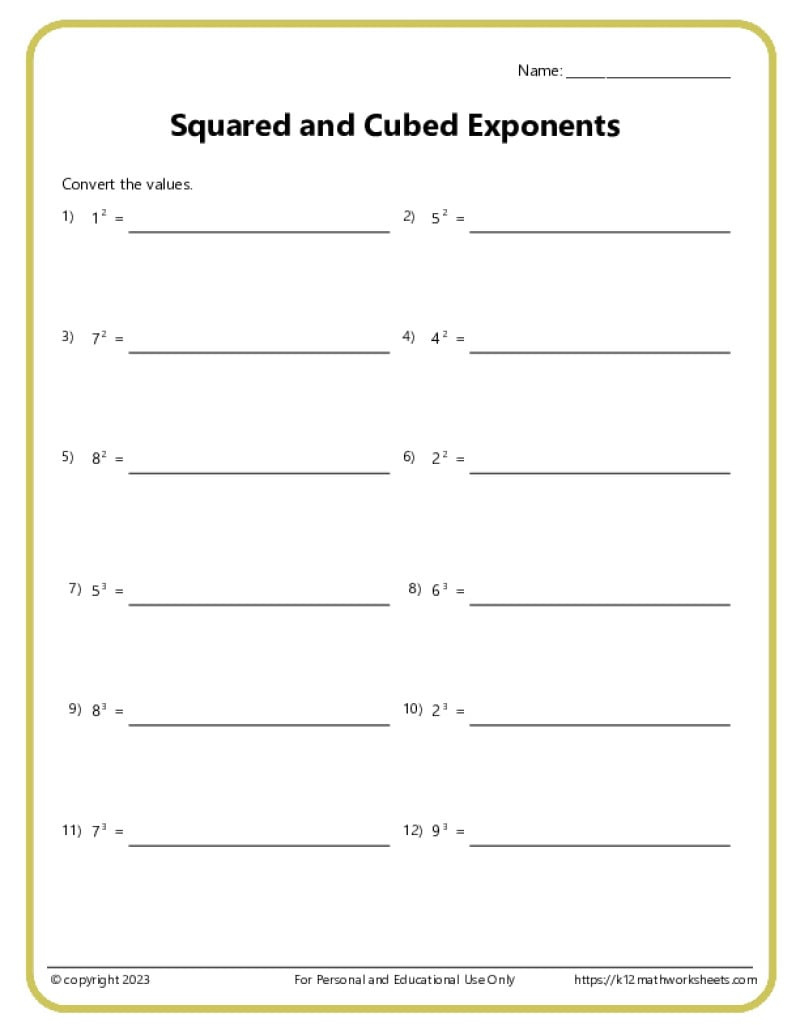 Exponents Worksheets inside Free Printable Exponents Worksheets