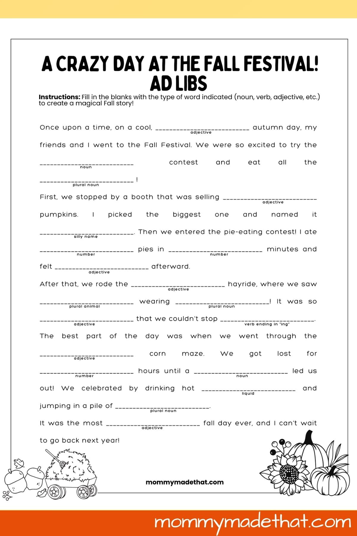 Fall Ad Libs (Free Printable) in Mad Libs Free Printable Worksheets