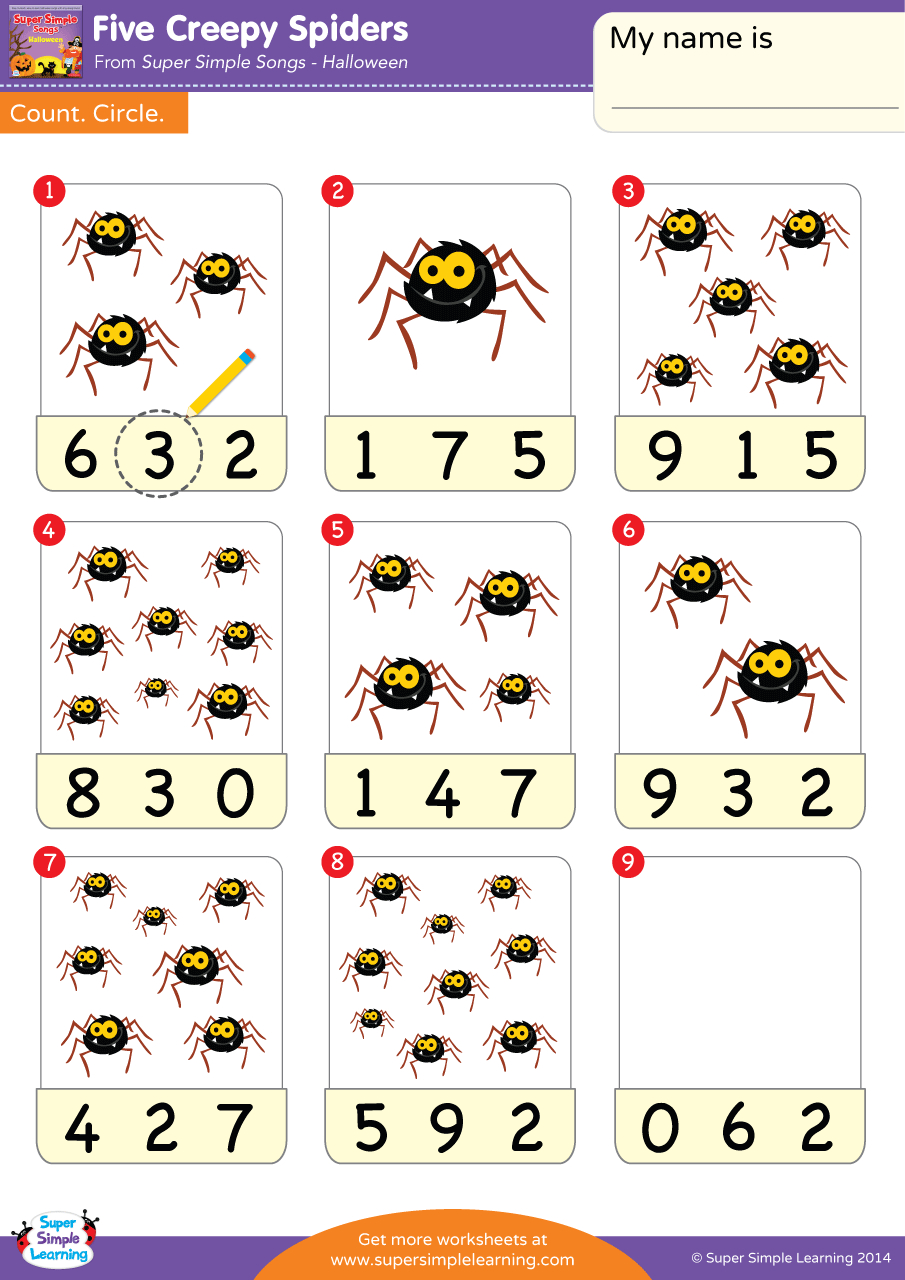 Five Creepy Spiders Worksheet - Count & Circle - Super Simple for Free Printable Spider Worksheets