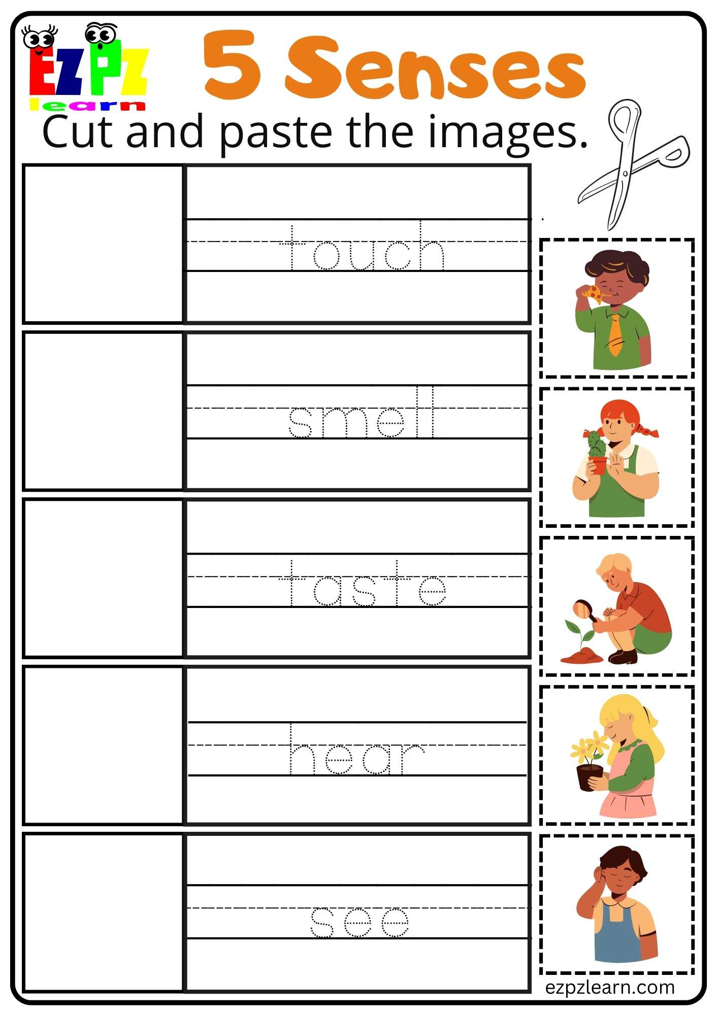 Five Senses Cut And Paste Worksheet For Kindergarten And Esl pertaining to Cut And Paste Free Printable Worksheets