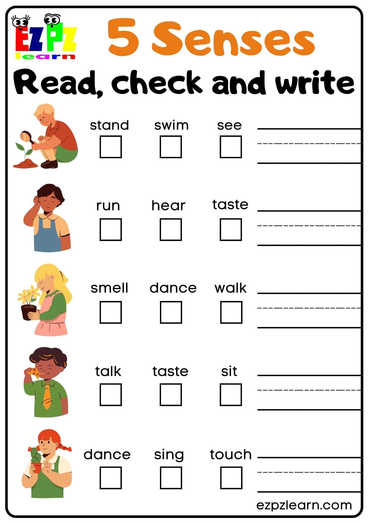 Five Senses Read Check And Write Worksheet For Kindergarten And with Esl Printable Free Worksheets