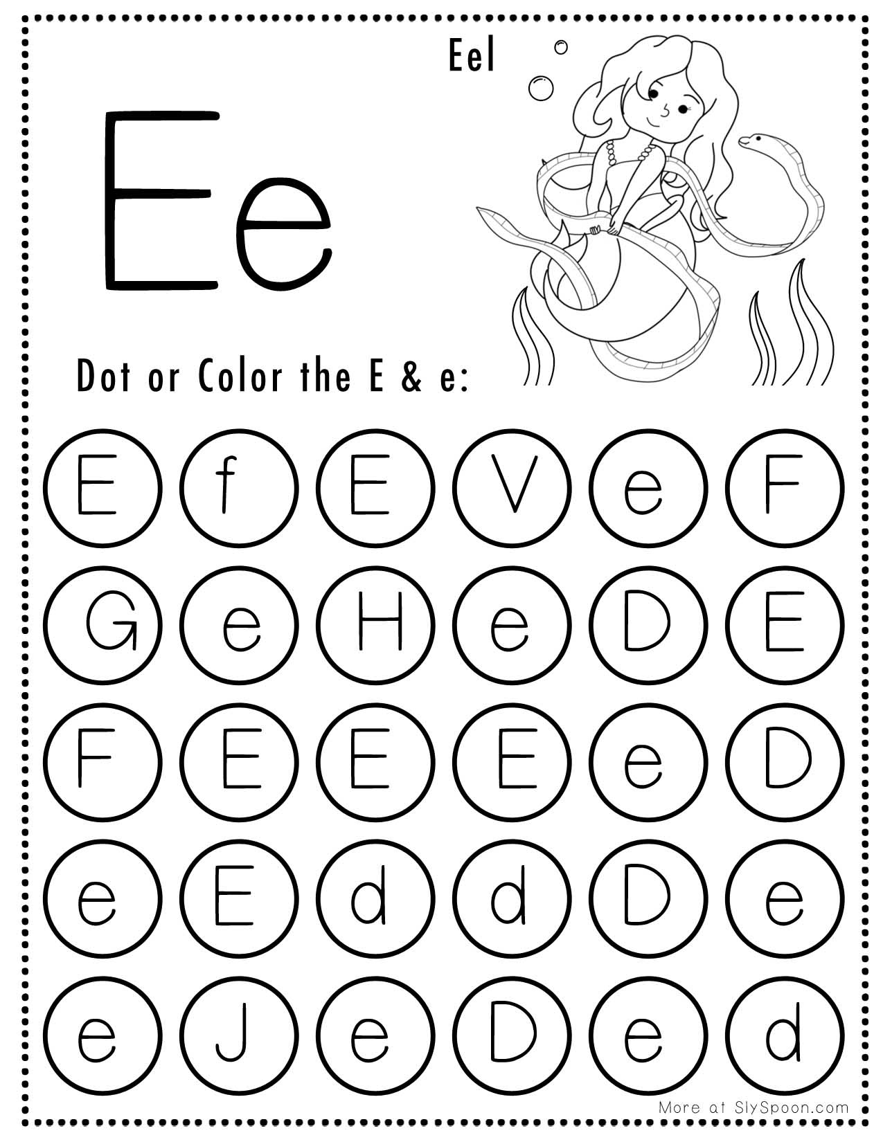 Free Alphabet Do A Dot Printables Worksheets - Letter E (Mermaid regarding Letter E Free Printable Worksheets