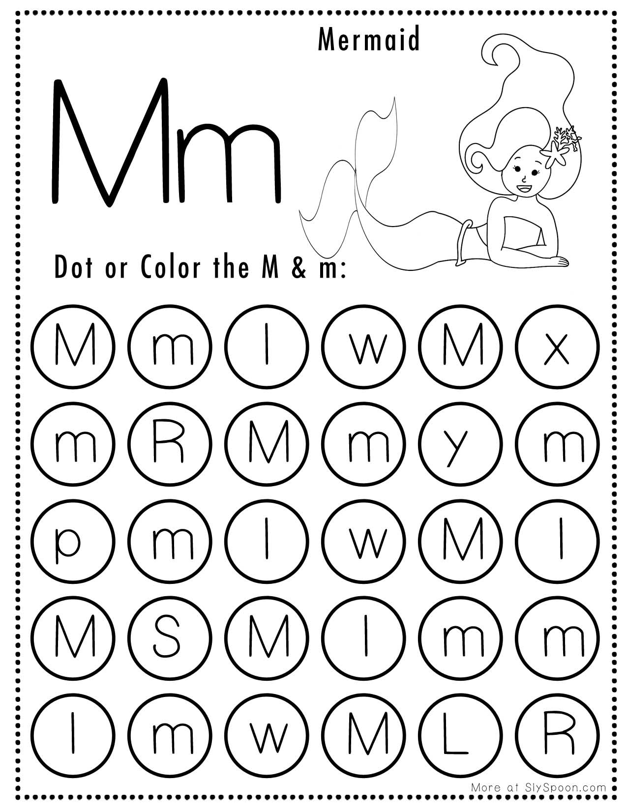 Free Alphabet Do A Dot Printables Worksheets - Letter M (Mermaid intended for Letter M Free Printable Worksheets
