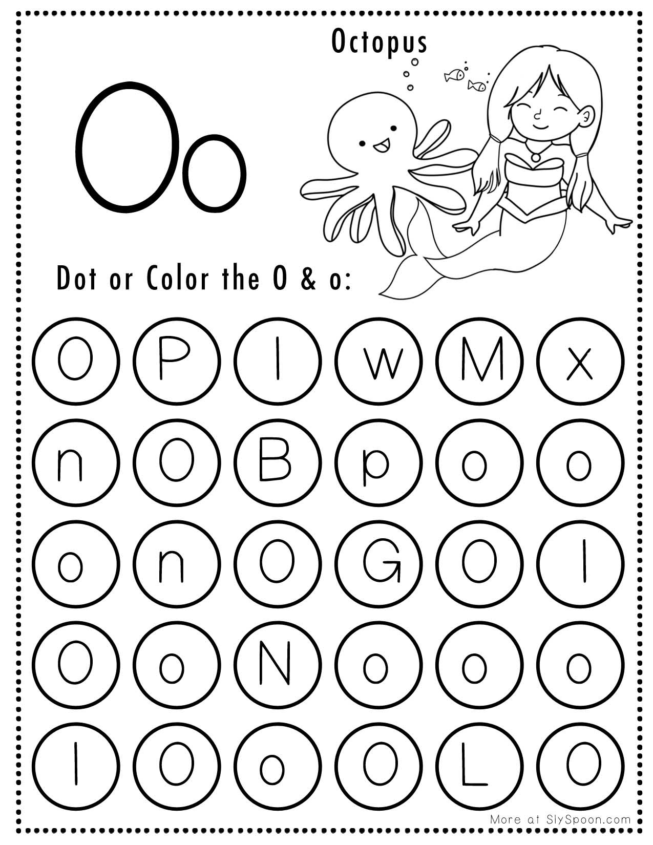 Free Alphabet Do A Dot Printables Worksheets - Letter O (Mermaid with Letter O Free Printable Worksheets