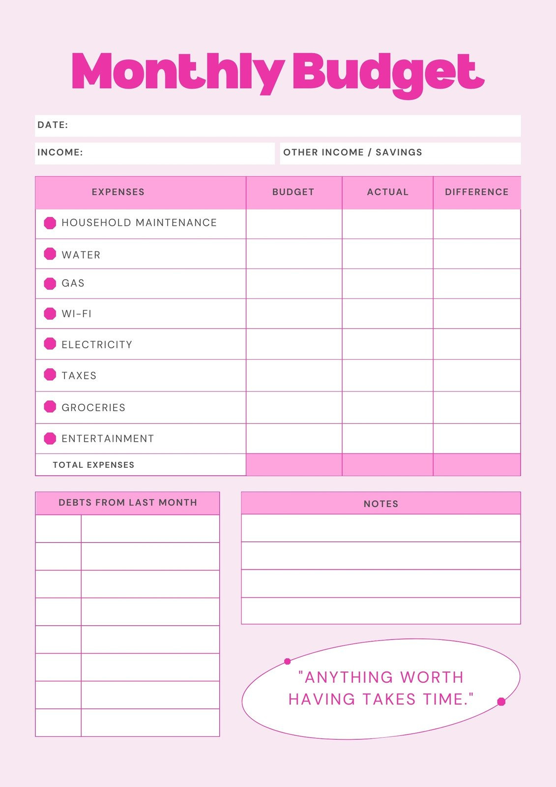 Free And Customizable Budget Templates for Budget Worksheets Printable Free
