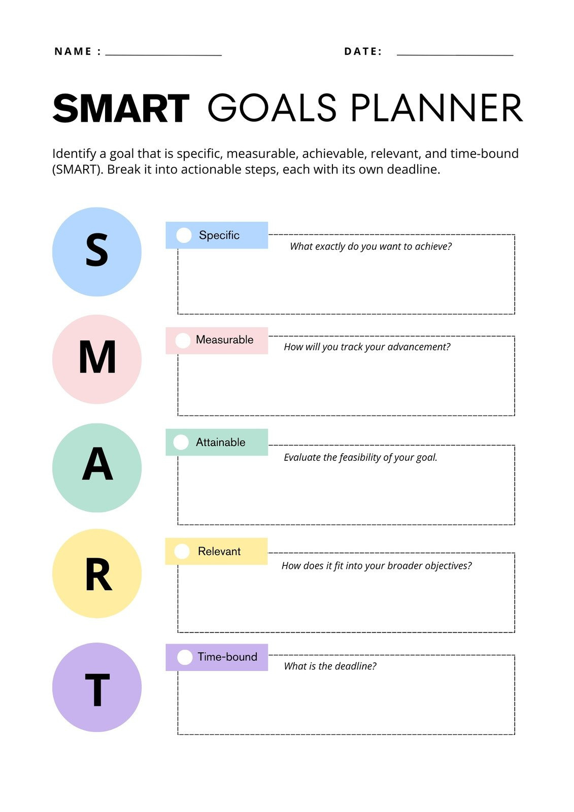 Free And Customizable Goals Templates in Free Printable Smart Goals Worksheets