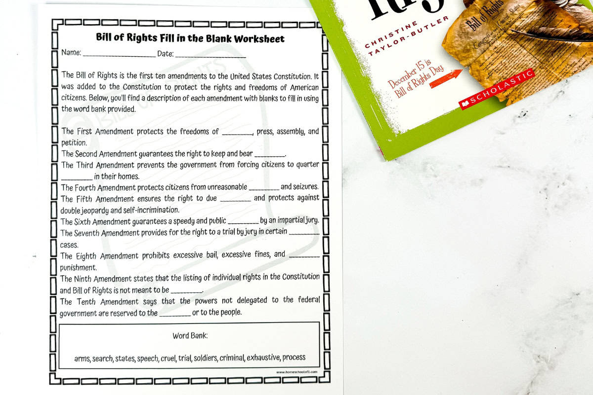 Free Bill Of Rights Worksheet (Fill In The Blank) with regard to Free Printable Bill Of Rights Worksheets