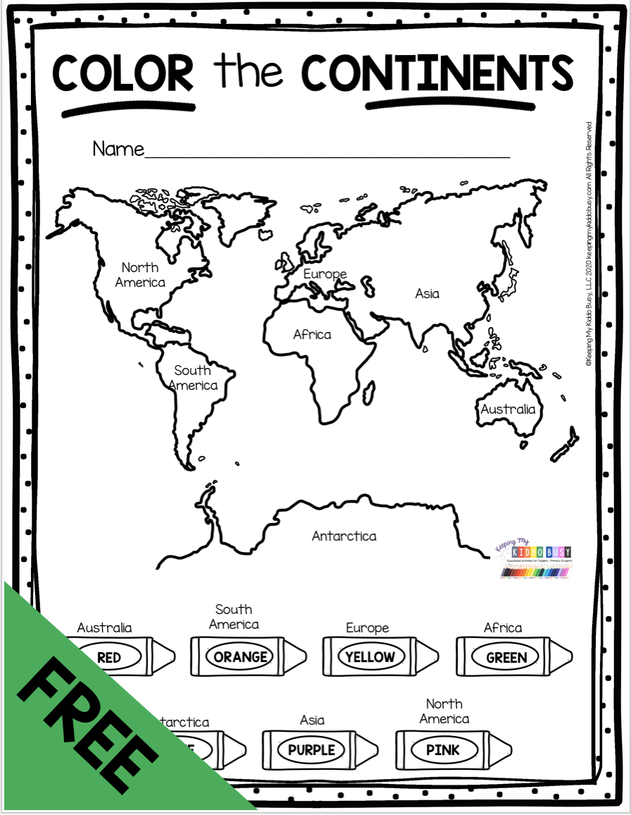 Free Color The 7 Continents - All About Earth And Maps For throughout Free Printable Continents Worksheets