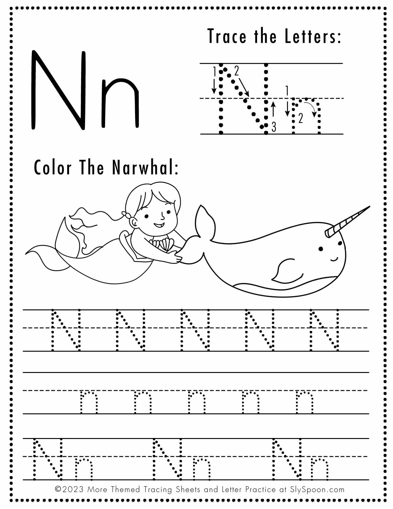 Free Letter N Tracing Worksheet (Printable) Mermaid Themed - Sly Spoon regarding Free Printable Letter N Tracing Worksheets