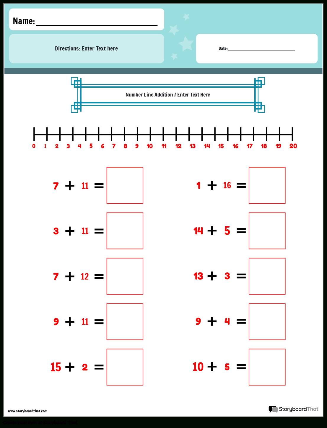 Free Math Number Line Worksheets | Storyboard That regarding Free Printable Number Line Addition Worksheets
