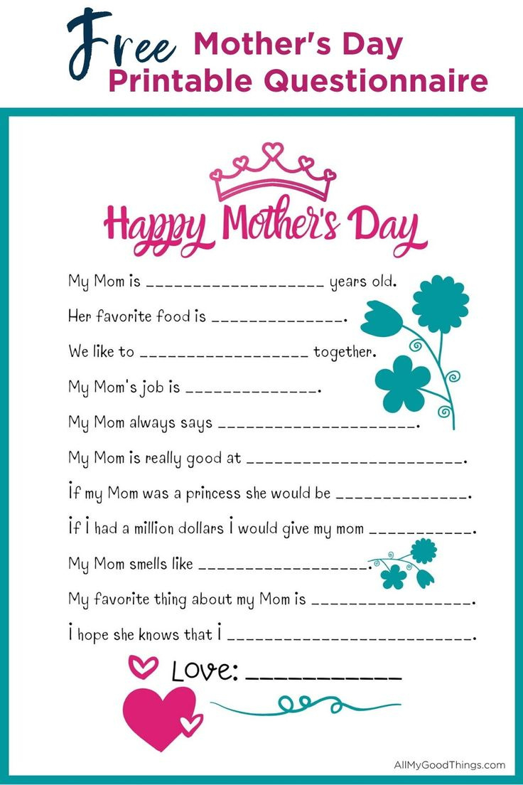 Free Mother&amp;#039;S Day Questionnaire Printable for Mother&amp;#039;S Day Fill In The Blank Worksheets Free Printable