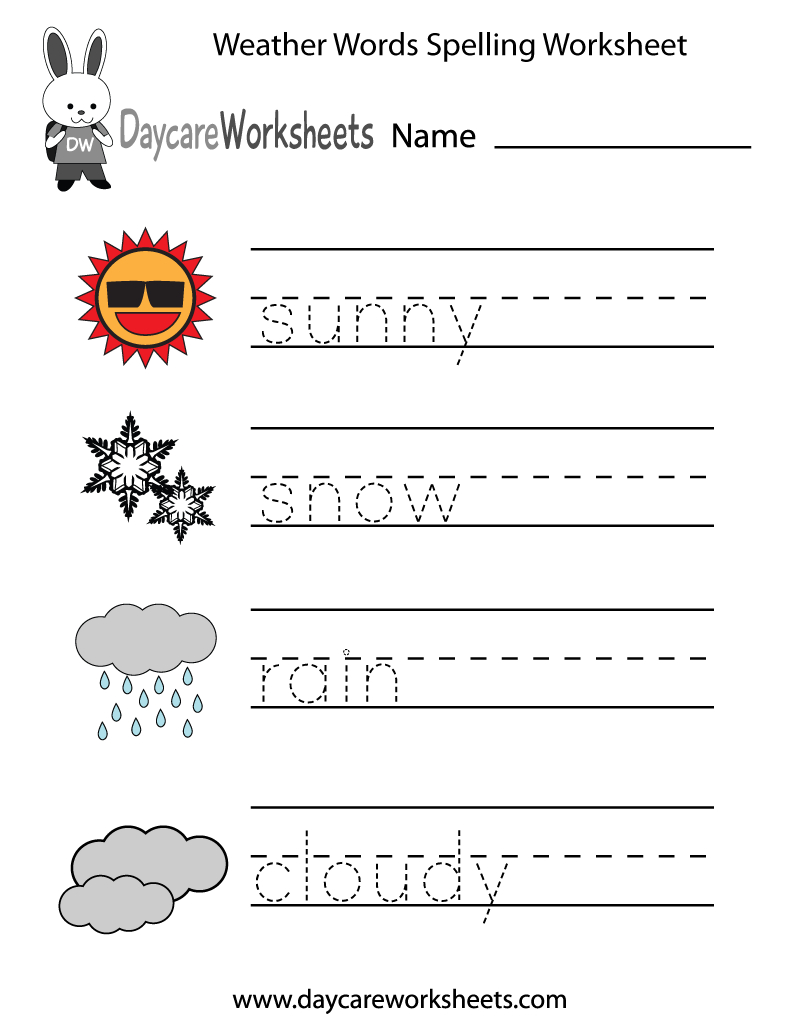 Free Preschool Weather Words Spelling Worksheet inside Free Printable Weather Worksheets For Preschoolers