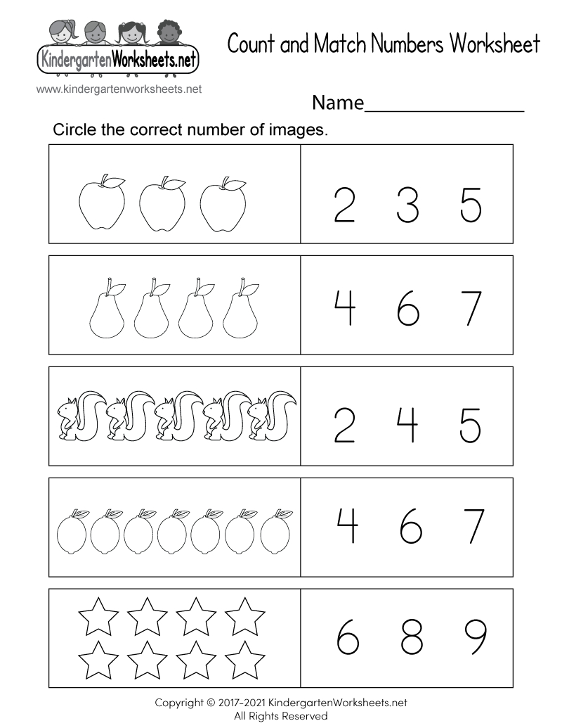 Free Printable Count And Match Numbers Worksheet with Kindergarten Number Worksheets Free Printable