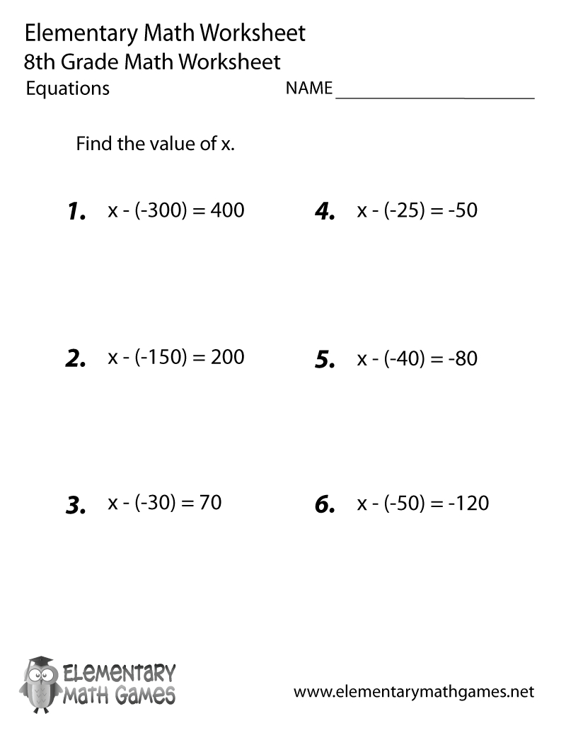 Free Printable Equations Worksheet For Eighth Grade regarding 8th Grade Worksheets Free Printable