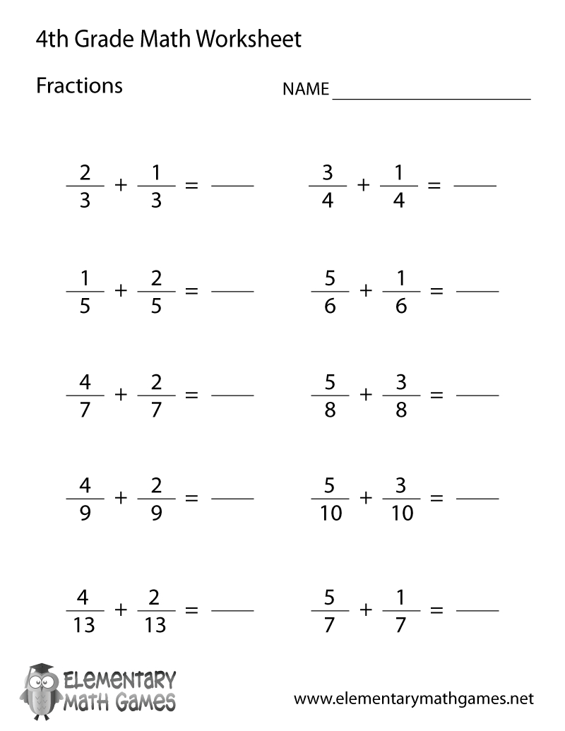 Free Printable Learning Fractions Worksheet For Fourth Grade inside Free Printable Math Worksheets 4Th Grade