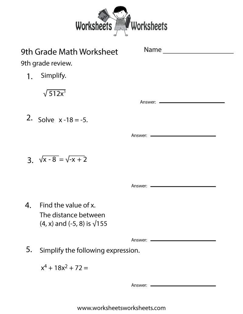 Free Printable Ninth Grade Math Practice Worksheet within Free Printable Worksheets For 9Th Graders