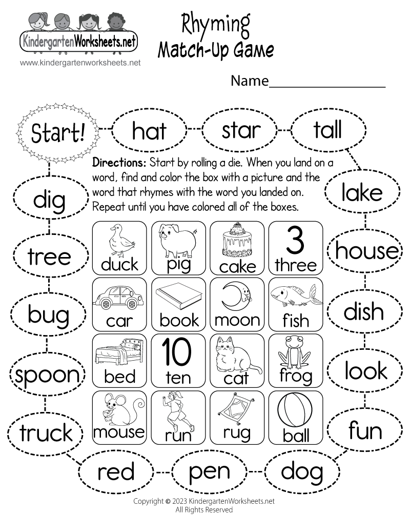 Free Printable Rhyming Match-Up Game Worksheet inside Rhyming Worksheets Free Printable