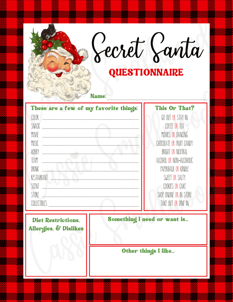 Free Printable Secret Santa Questionnaire Templates - Cassie Smallwood throughout Free Printable Secret Santa Worksheets
