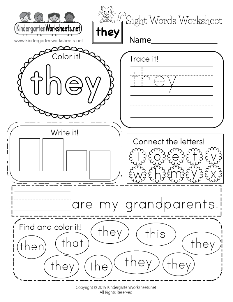 Free Printable Sight Word “They” Worksheet with Free Printable Sight Word Worksheets For Kindergarten