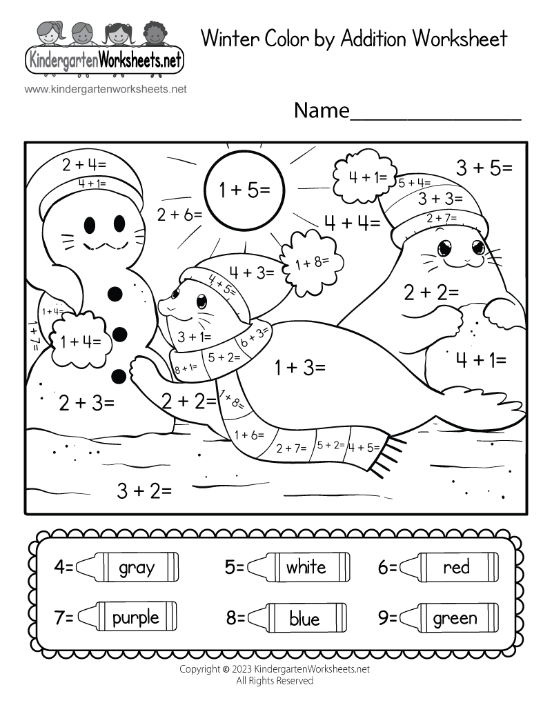 Free Printable Winter Coloraddition Worksheet within Free Printable Winter Worksheets For Kindergarten