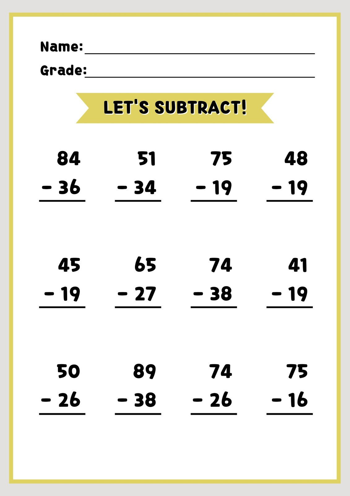 Free Subtraction Worksheet Templates To Edit And Print | Canva in Free Printable Subtraction Worksheets
