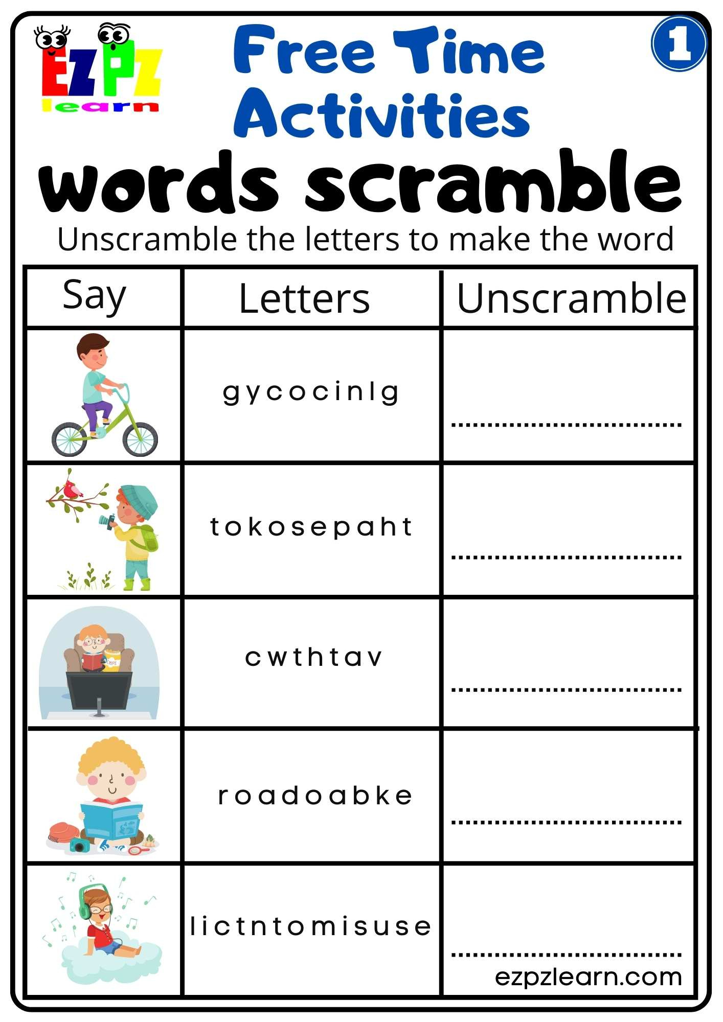 Free Time Activities Easy Word Scramble Worksheet Activity For regarding Free Esl Worksheets Printable