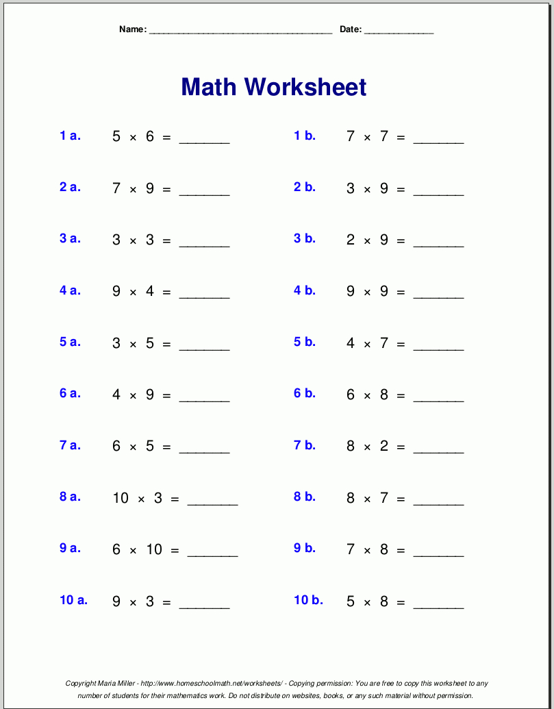 Grade 4 Multiplication Worksheets regarding Free Printable Multiplication Facts Worksheets