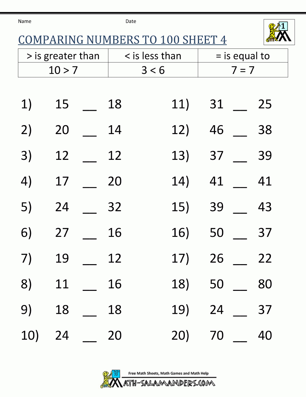 Greater Than Less Than Worksheet - Comparing Numbers To 100 in Free Printable Greater Than Less Than Worksheets