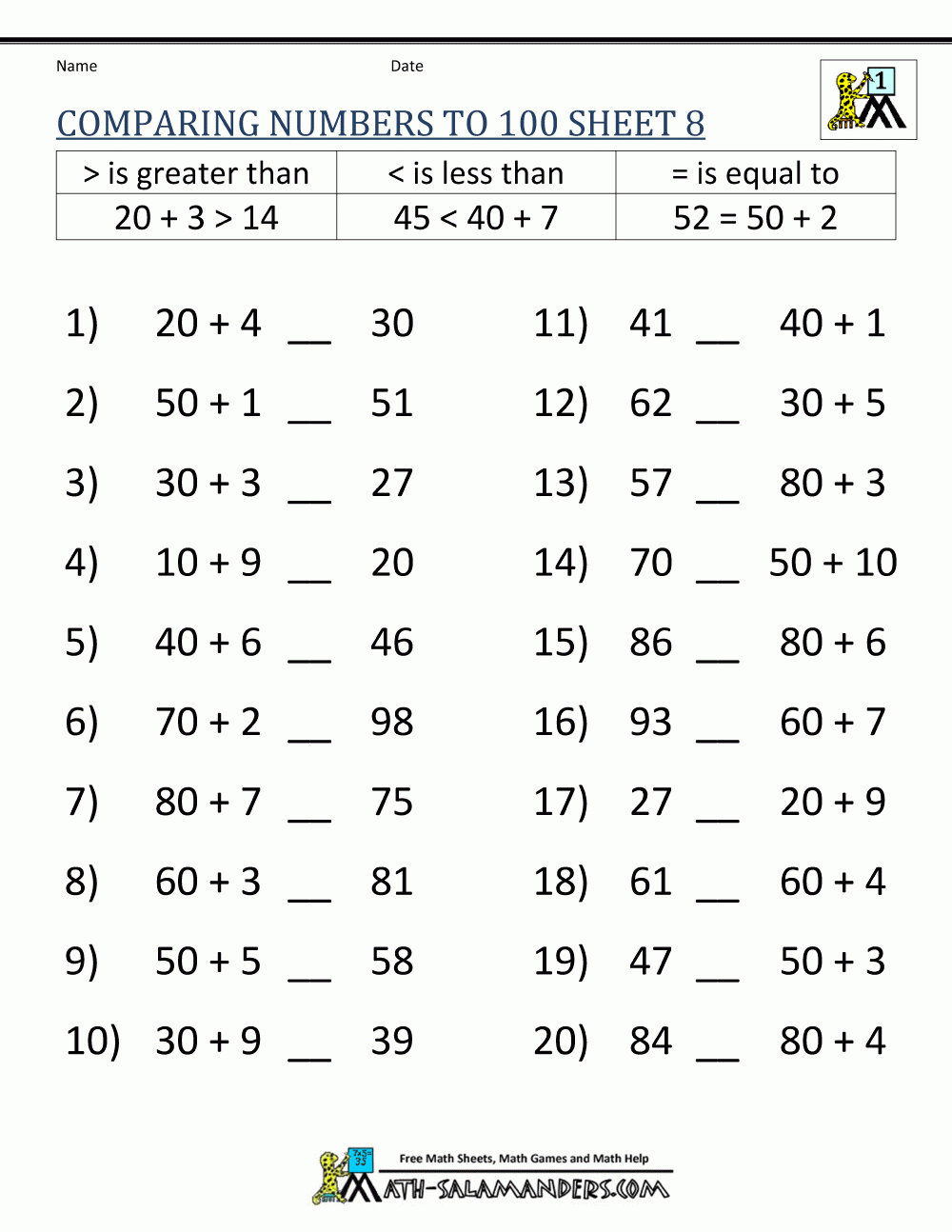 Greater Than Less Than Worksheet - Comparing Numbers To 100 intended for Free Printable Greater Than Less Than Worksheets