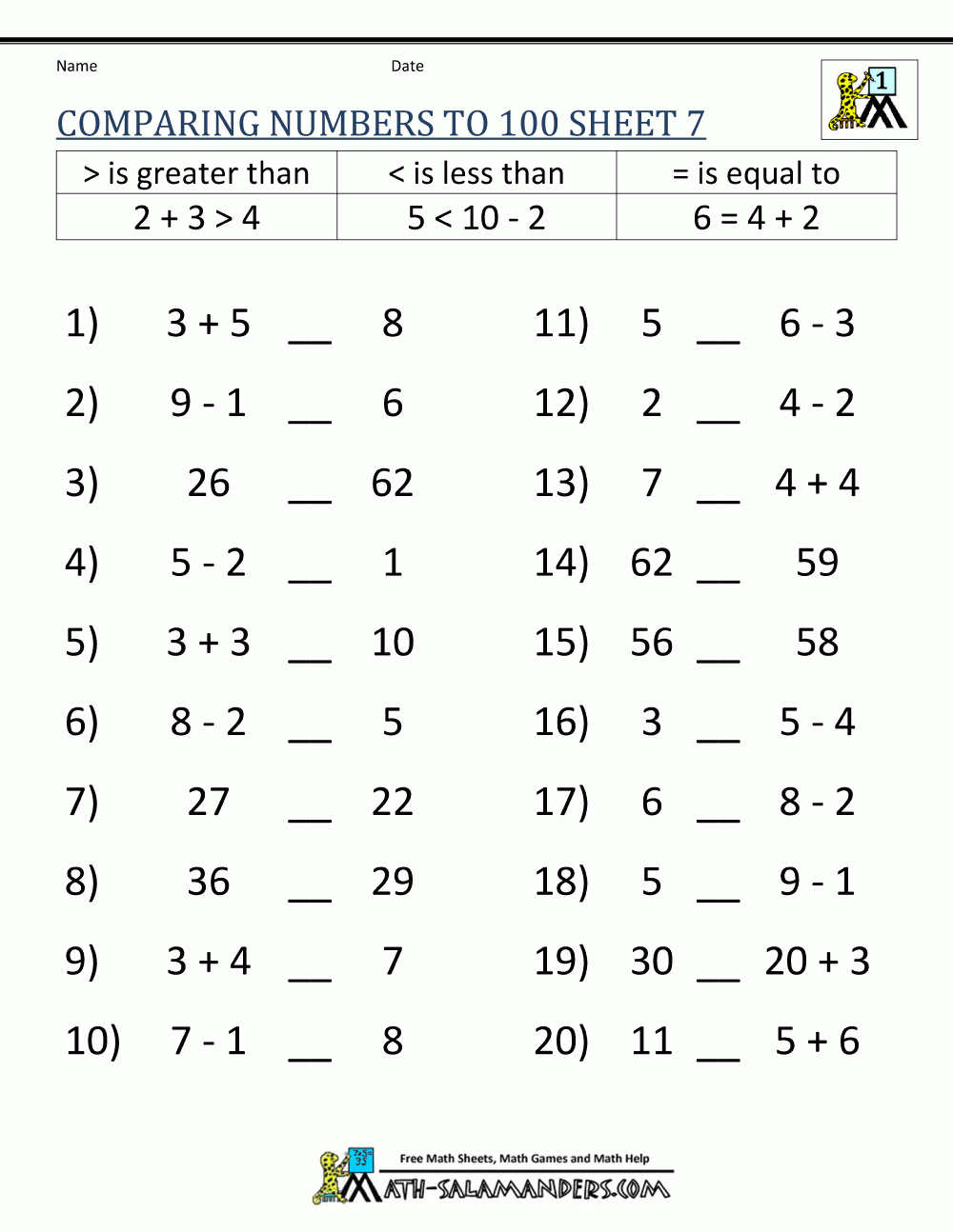 Greater Than Less Than Worksheet - Comparing Numbers To 100 intended for Free Printable Greater Than Less Than Worksheets