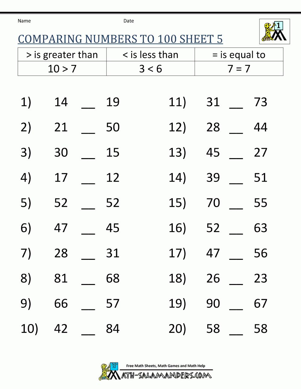 Greater Than Less Than Worksheet - Comparing Numbers To 100 pertaining to Greater Than Less Than Free Printable Worksheets