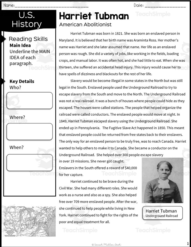 Harriet Tubman Reading Packet with Free Printable Harriet Tubman Worksheets