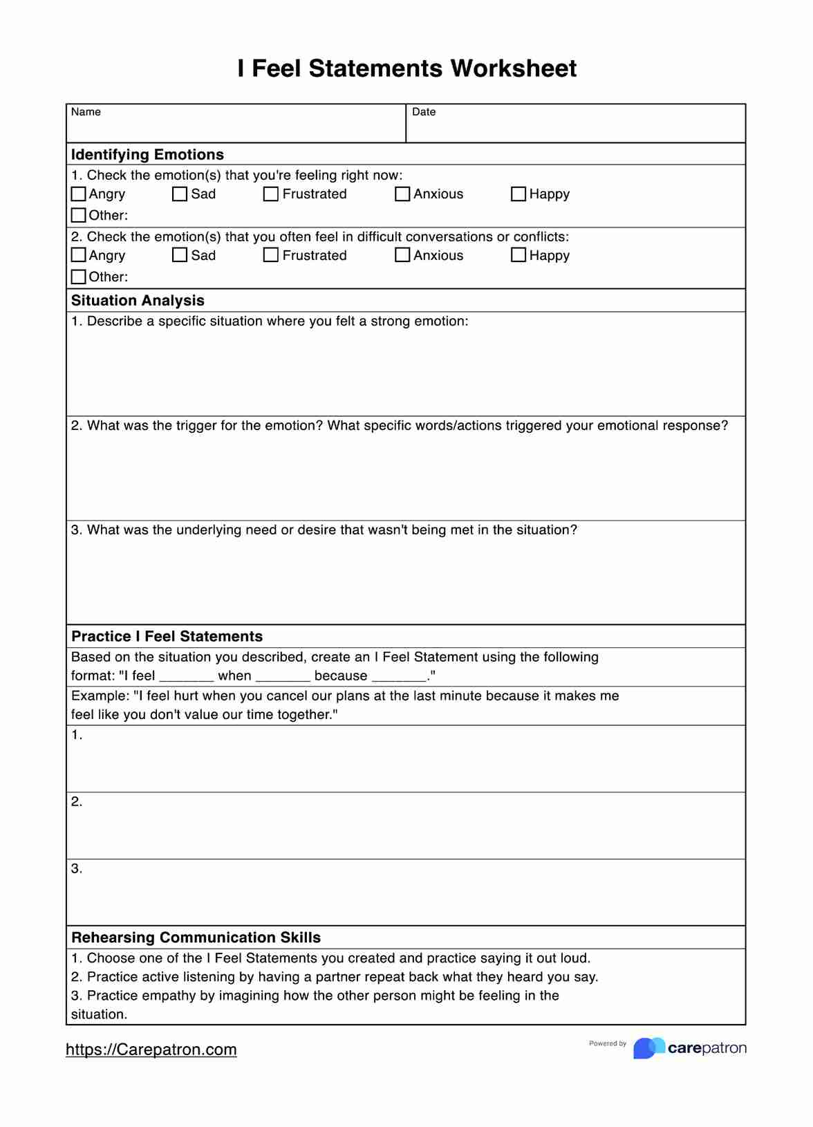 I Feel Statements Worksheets with regard to Free Printable I Statements Worksheets For Adults