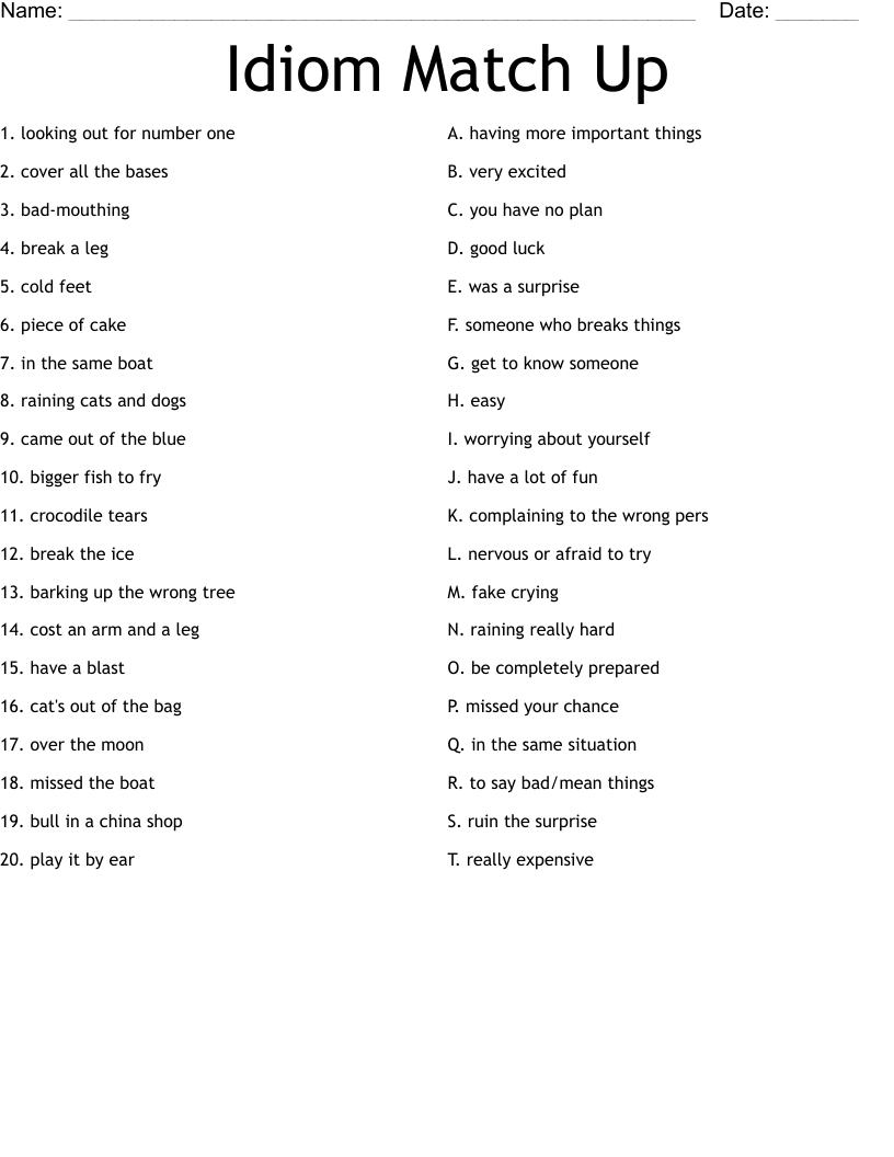 Idiom Match Up Worksheet - Wordmint pertaining to Free Printable Idioms Worksheets